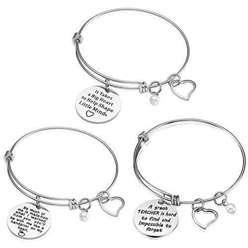 Teacher Appreciation Gift Idea - 3PCS Stainless Steel Expendable Inspirational Bangle Bracelet Set, Best Teacher Jewelry, Thank You Gifts for Women, Christmas Birthday (3PCS)