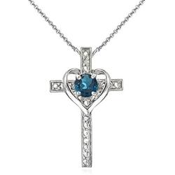 Sterling Silver London Blue Topaz Cross Heart Pendant Necklace for Girls, Teens or Women