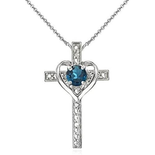 Sterling Silver London Blue Topaz Cross Heart Pendant Necklace for Girls, Teens or Women