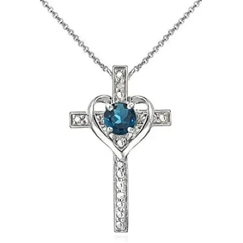 Sterling Silver London Blue Topaz Cross Heart Pendant Necklace for Girls, Teens or Women