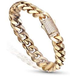 Luxfine 12mm Miami Cuban Link Bracelet 14K REAL Gold Plated Hypoallergenic Premium Stainless Steel Hip Hop Jewelry For Men Women Christmas Birthday Gift (No Color Fade, Double-sided Iced Out Clasp)