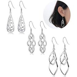 XCOIN 3 Pairs Celtic Knot Dangle Earrings for Women Silver Twist Wave Filigree Teardrop Fashion Earring Jewelry