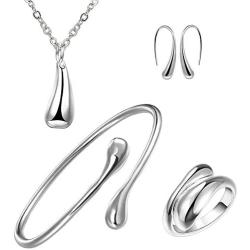 BOHG Jewelry Womens 925 Sterling Silver Plated Teardrop Bracelet Ring Earrings Pendant Necklace 4pcs Set