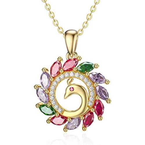 Blocaci 14K Yellow Gold Peacock Pendant Necklaces for Women Cubic Zirconia Anniversary Valentines Day, Jewelry for Wife Girlfriend Mother, 18
