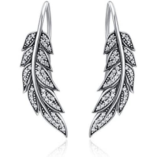 GDDX Sterling Silver Ear Climber Crawler Vintage Feather Wings CZ Long Ear Crawler Earrings