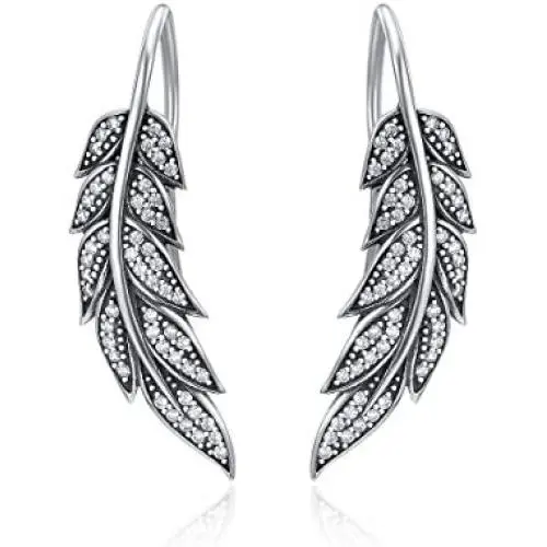 GDDX Sterling Silver Ear Climber Crawler Vintage Feather Wings CZ Long Ear Crawler Earrings GDDX Sterling Silver Ear Climber Crawler Vintage Feather Wings CZ Long Ear Crawler Earrings