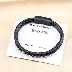 MEMGIFT Bad Ass Morse Code Leather Bracelets for Men Funny Inspirational Gifts for Her Mom Son Daughter Sister Best Friend Beads Wrap Bracelet