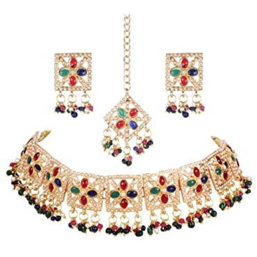 Crunchy Fashion Bollywood Style Traditional Indian Wedding Jewelry Green-Red peal Choker Necklace with Earring & tika Set for Women Girls