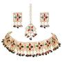 Crunchy Fashion Bollywood Style Traditional Indian Wedding Jewelry Green-Red peal Choker Necklace with Earring & tika Set for Women Girls