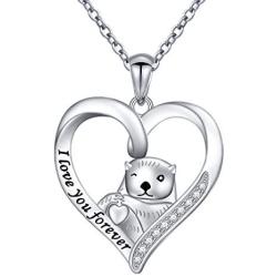 925 Sterling Silver Animal Jewelry Sea Otter Heart Pendant Necklace for Women