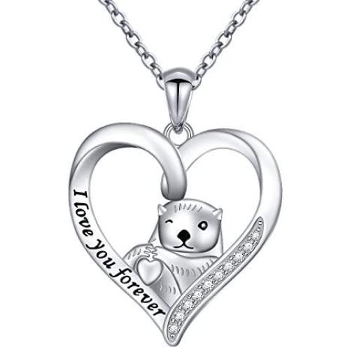 925 Sterling Silver Animal Jewelry Sea Otter Heart Pendant Necklace for Women