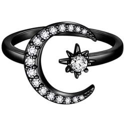 beautlace Star and Moon Adjustable Rings 18K Gold/Silver/Black Gun Plated Crescent Moon Stars Open Ring Jewelry for Women KR0032