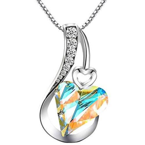 COLOCLOUD Love Heart Pendant Necklace Birthstone Crystal Jewelry for Women, Birthday Anniversary Day Gifts for Wife Sister Best Friend, Silver-Tone 18''+2''-FA