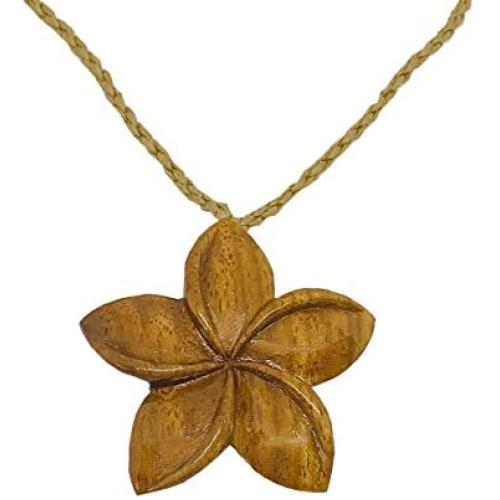 Hawaiian Jewelry Hand Carved Koa Wood Hawaii Plumeria Flower Necklace from Hawaii
