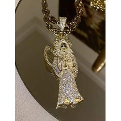 Shop-iGold Men Women 925 Italy Gold Finish Iced Silver Santa Muerte Charm Ice Out Pendant Stainless Steel Real 2 mm Rope Chain Necklace, Mens Jewelry, Iced Pendant, Rope Necklace