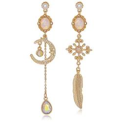 Asymmetrical Stars and Moon Dangle Stud Earrings for Women Planet Earrings with Clear Crystal for Girls
