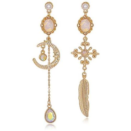 Asymmetrical Stars and Moon Dangle Stud Earrings for Women Planet Earrings with Clear Crystal for Girls