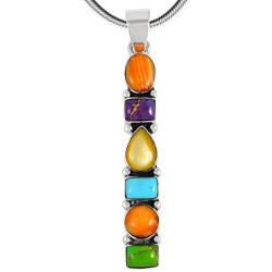 Gemstone Pendant Necklace 925 Sterling Silver & Genuine Turquoise & Gemstones (20'' Length)