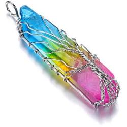 Top Plaza Natural Raw Stone Healing Crystal Necklace Silver Tree of Life Wire Wrapped Clear Quartz Point Pendant for Womens Ladies