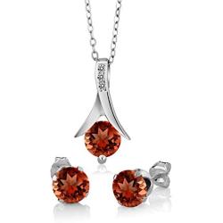 Gem Stone King Red Garnet and White Diamond 925 Sterling Silver Pendant Necklace Earrings Set 3.05 Ct Round Cut with 18 Inch Silver Chain