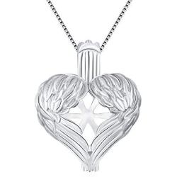 LGSY Sterling Silver Guardian Angel Wings Heart Pearl Cage Pendants for Women, Design Pearl Cage Pendants for Pearl Jewelry Making, Essential Oil Diffuser Lockets for Pearl Jewelry