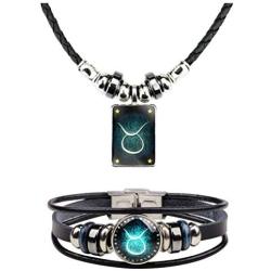 2Pcs Zodiac Necklace Bracelet Set for Men Zodiac Sign Jewelry Leather Constellations Zodiac Bracelet for Men Zodiac Gifts for Women