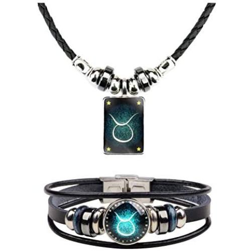 2Pcs Zodiac Necklace Bracelet Set for Men Zodiac Sign Jewelry Leather Constellations Zodiac Bracelet for Men Zodiac Gifts for Women
