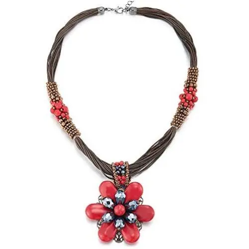 COOLSTEELANDBEYOND Large Statement Flower Necklace Multi-Strand Collar Red Blue Gem Stone Dangle Pendant, Party COOLSTEELANDBEYOND Large Statement Flower Necklace Multi-Strand Collar Red Blue Gem Stone Dangle Pendant, Party