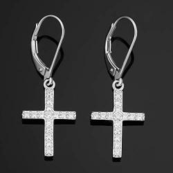 Kooljewelry Sterling Silver and Cubic Zirconia Cross Dangle Earrings