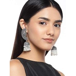 Aheli Vintage Inspired Indian Boho Oxidized Intricate Crafted Peacock Design Jhumki Dangle Earrings Ethnic Fashion Jewelry for Women