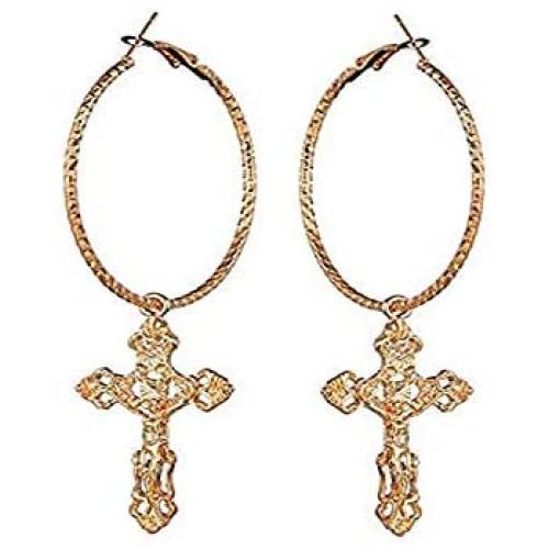 Hithop Cross Dangle Hoop Earrings - Cross with Hoop Charm Tassel Dangle Earrings (A Gold)