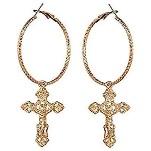 Hithop Cross Dangle Hoop Earrings - Cross with Hoop Charm Tassel Dangle Earrings (A Gold) Hithop Cross Dangle Hoop Earrings - Cross with Hoop Charm Tassel Dangle Earrings (A Gold)