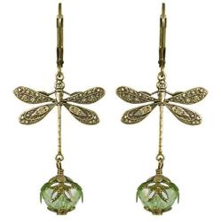 NoMonet Hand Painted Victorian Earrings - Dragonfly Daze in Gold and Green