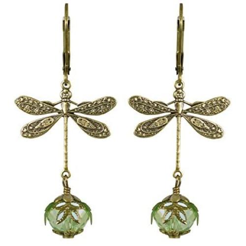 NoMonet Hand Painted Victorian Earrings - Dragonfly Daze in Gold and Green