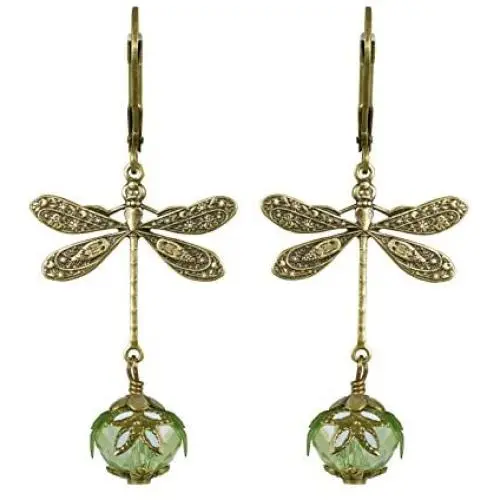 NoMonet Hand Painted Victorian Earrings - Dragonfly Daze in Gold and Green