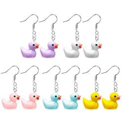 OSNIE 5 Pairs of Cute Duck Dangle Drop Earrings, Funny Resin Little Duckie Pendant Earrings, Indie Aesthetic Creative Personalized Earrings Jewelry Gifts for Women Girls (Multicolored)