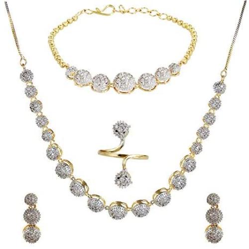 YouBella Jewellery Set for Women American Diamond Combo of Necklace Set with Earrings, Bracelet and Ring for Girls and Women