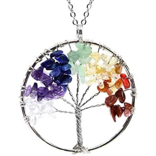 Tree of Life Gemstone Pendant Necklace 26 inch Healing Crystals Chakra Gem Stones Jewelry Women Girls Men Birthday Mothers Gifts