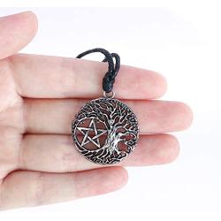 HAQUIL Wiccan Necklace - Metal Alloy, Tree of Life Pentagram Pendant - Waxed Cotton Cord, Adjustable Length 35.4''