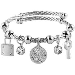 HZMAN Key Padlock Steel Cable Bracelet Stainless Steel Cuff Ladies Cubic Zirconia Bracelet Wristband
