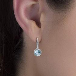 MIA SARINE Rhodium Plated Sterling Silver Round Simulated Aquamarine and Cubic Zirconia Bridal Leverback Earring