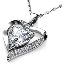 DEPHINI - White Heart Necklace - 925 Sterling Silver - Branded A+ Cubic Zirconia Crystal Pendant Birthstone - Fine Jewellery Love - 18'' Premium Rhodium Plated Silver Chain - Gifts for Women