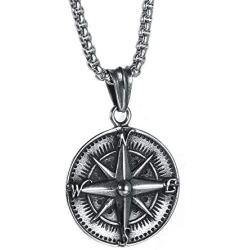 HIJONES Mens Stainless Steel Round Compass Pendant Necklace Vintage Chain, Chain Included