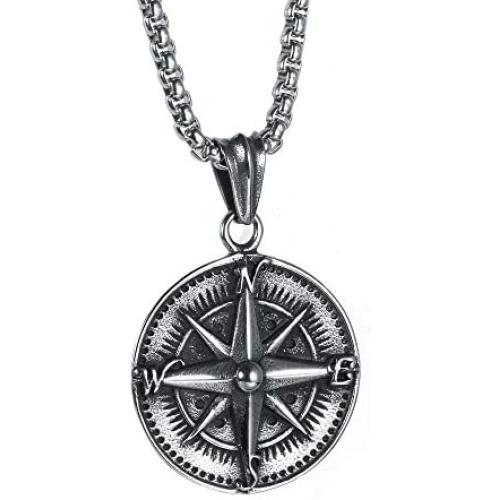 HIJONES Mens Stainless Steel Round Compass Pendant Necklace Vintage Chain, Chain Included