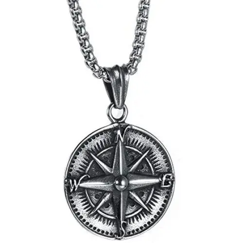 HIJONES Mens Stainless Steel Round Compass Pendant Necklace Vintage Chain, Chain Included HIJONES Mens Stainless Steel Round Compass Pendant Necklace Vintage Chain, Chain Included