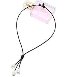Pearlypearls 3 Freshwater Pearl Pendant Necklace on Black Leather Cord Jewelry for Women 18