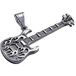 León Jewelry Hell Flame Fire Burning Guitar Chain Necklace Stainless Steel Rock Music Lover Guitarist Cool Costume