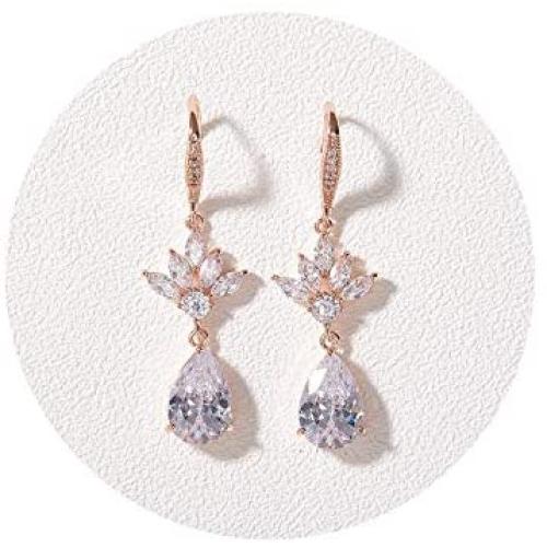 SWEETV Teardrop Wedding Earrings for Brides Birdesmaids, Crystal Cubic Zirconia Bridal Dangle Earrings for Women Prom Wedding Jewelry