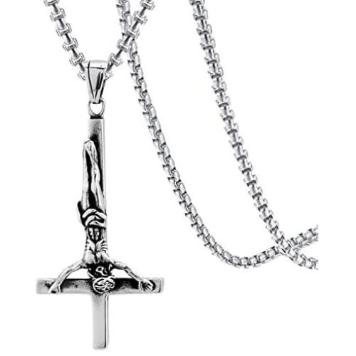 Xusamss Punk Titanium Steel Inverted Cross Pendant Skull Necklace,24inches Chain