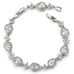 SWEETV Wedding Teardrop Bracelets for Brides Bridesmaids, Crystal Cubic Zirconia Bridal Bracelets for Women Prom